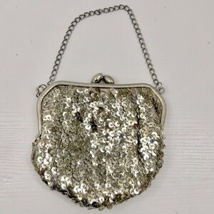 Vintage Silver Sequin KISS Lock Mini Evening Bag w/ Chain